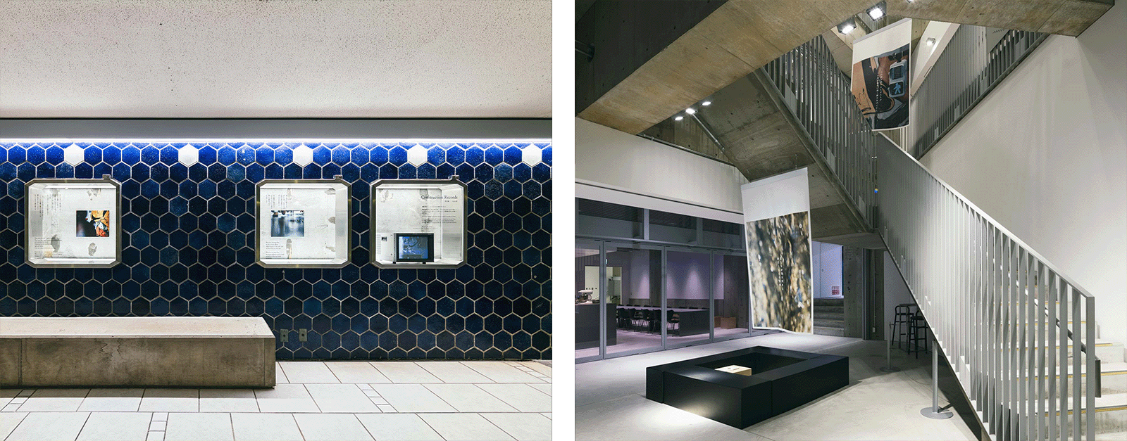 Ginza Sony ParkのB2フロア、六角形タイルの壁面に設けられた展示ケース。写真やテキストが収められ、地下空間に記憶や風景の断片を浮かび上がらせる。 Ginza Sony ParkのB3フロア、吹き抜け階段空間に吊られた写真作品。立体的な建築構造の中で、浮遊するように展示が広がる。