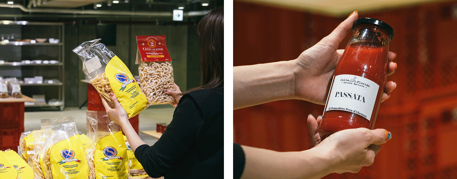Ginza Sony Parkで開催中のPASTA PLAZA。来場者が複数のパスタを手に取り、形や種類の違いを見比べながら選んでいる。 Ginza Sony ParkのPASTA PLAZAで販売されているトマトソース。手に取ることで素材やラベルの違いを確かめられる。