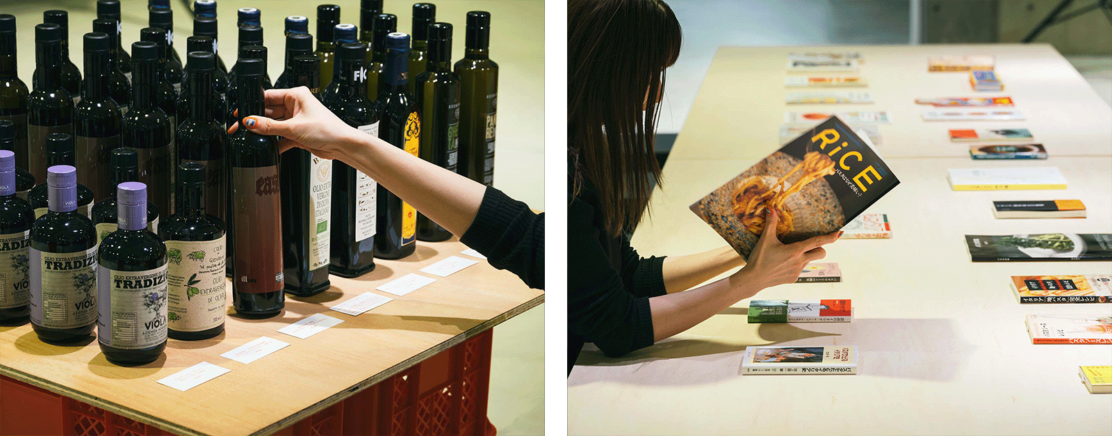 Ginza Sony Parkで開催中のPASTA PLAZA。並べられたオリーブオイルの中から、来場者が一本を手に取り選ぶ様子。 Ginza Sony Parkで開催中のPASTA PLAZA。パスタや食文化に関する書籍が並び、来場者が手に取って内容を確かめている。