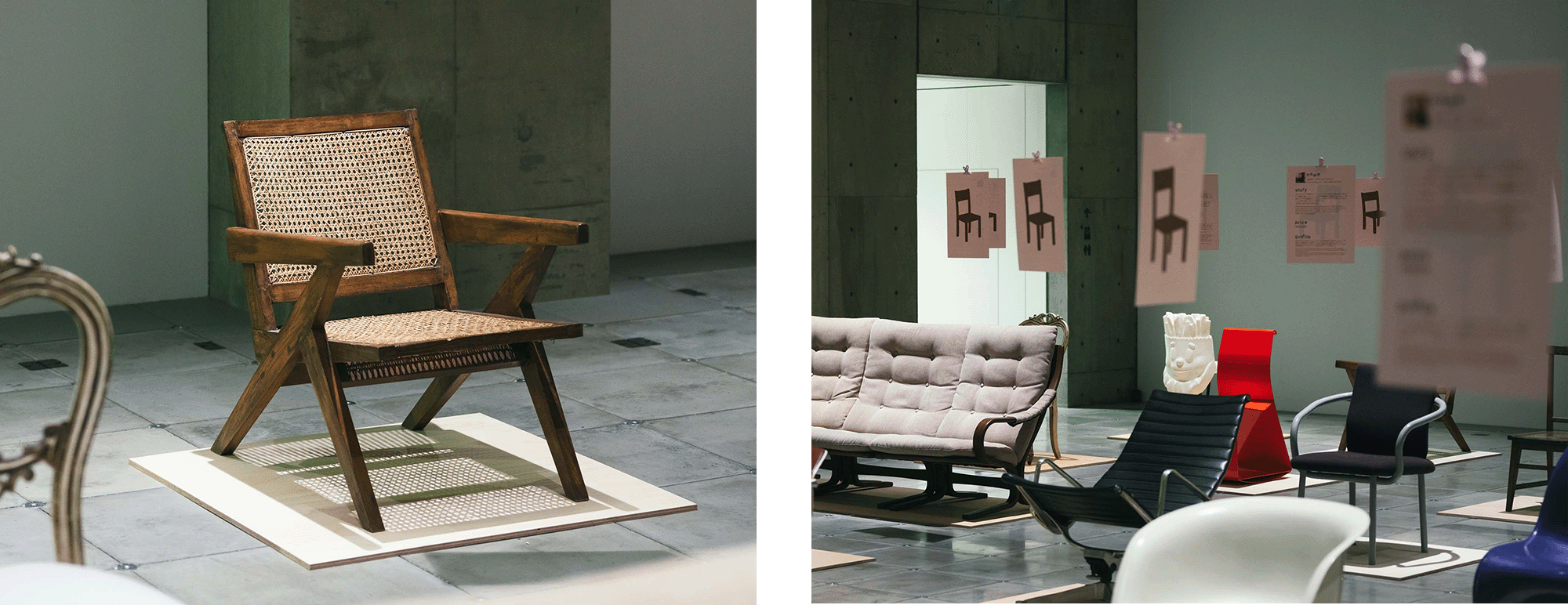 Ginza Sony Parkに展示された木製チェアのクローズアップ。編み込み座面と力強い脚部が、素材の質感を際立たせる。 Ginza Sony Parkの展示空間に、多様な椅子が等間隔に配置される。吊るされた図版が揺れ、デザインの背景を静かに伝える構成。