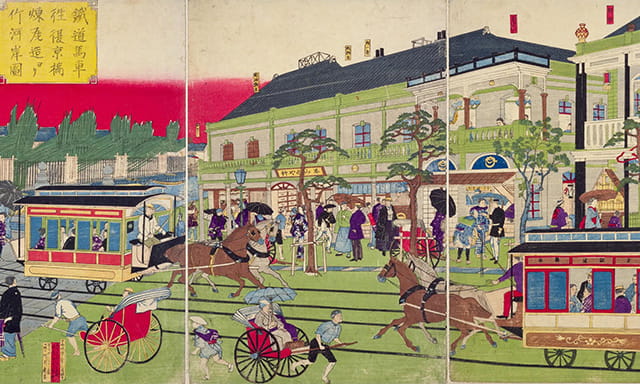 明治15年に出版された「鉄道馬車往復京橋煉瓦造ヨリ竹河岸図」（国立国会図書館デジタルコレクション蔵）。中央あたりにガス灯が描かれている。