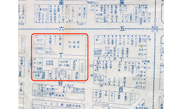 昭和40年頃の銀座付近歓楽街図。東京案内図（和楽路屋）より。赤く囲ったエリアのほとんどが銀座SIXに。
