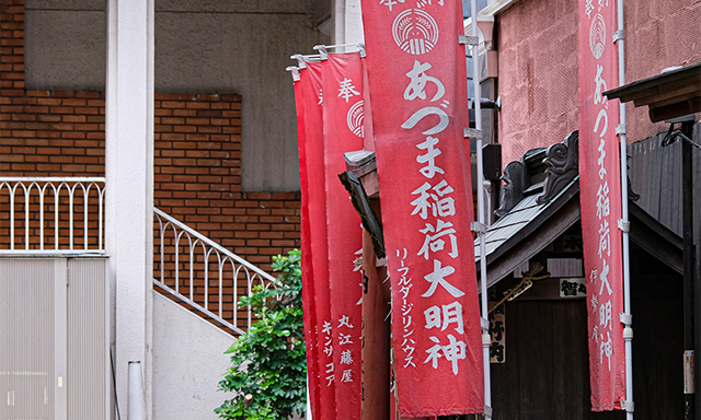 1枚1枚奉納者の名前も染め抜きされている幟