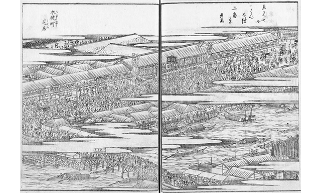 江戸名所図会（国立国会図書館デジタルコレクションより）より「木挽町芝居」。芝居小屋がびっしり並んでいる。