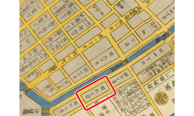 江戸切絵図（国立国会図書館蔵）より。赤く囲ったエリアが木挽町6丁目で、熊谷稲荷の鎮座地。
