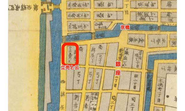 赤く囲ったところに「立売」と書いてある。出典：国立国会図書館デジタルコレクション 江戸切絵図「築地・八丁堀・日本橋南之図」。当該地図を加工して作成。