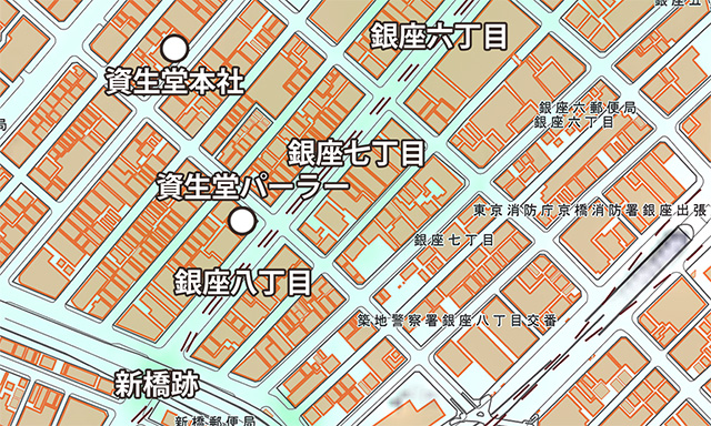 現代の地図より、資生堂本社と資生堂パーラー。