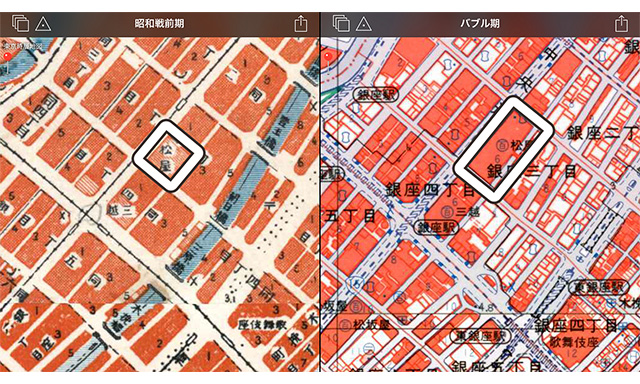 左が昭和戦前期、右がバブル期の銀座銀座の地図。松屋が大きくなっているのがわかる。「東京時層地図 for iPad」（日本地図センター）を加工。
    